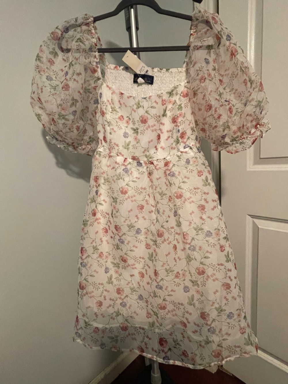 Blue Rain Cream Dress with Pastel Floral Print and Puff Sleeves